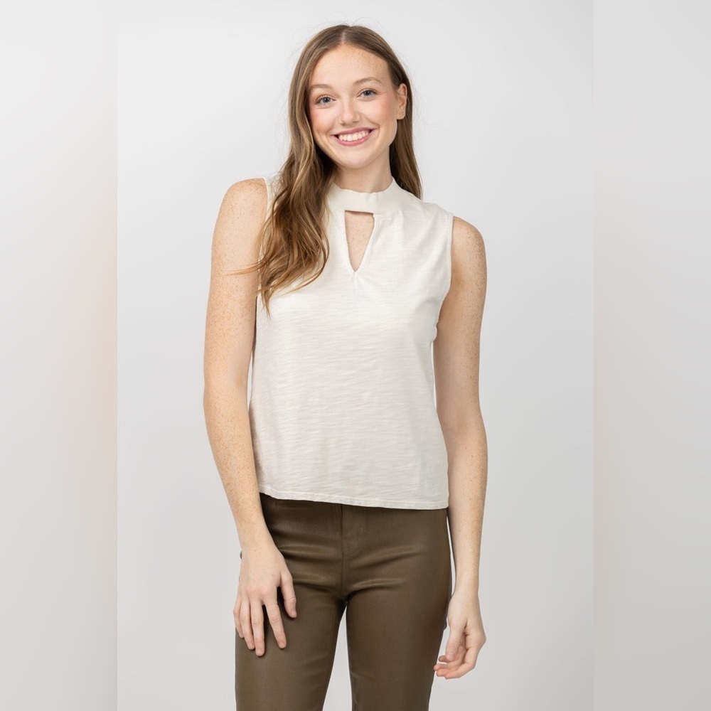 NATION LTD Alba Mock Neck Top Large cream Porcelain keyhole cotton sleeveless